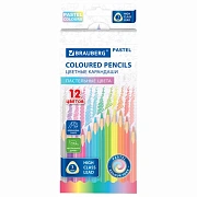 Карандаши цветные BRAUBERG PASTEL, 12 пастельных цветов, трехгранные, грифель 3 мм, натуральное дерево, 181850