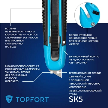 Нож безопасный TOPFORT 17,4 шир.трапец.+д/вскр.упак.матер,ABS+TPR