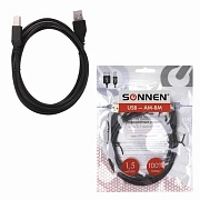 Кабель USB2.0 AM-BM, 1,5 м, SONNEN, медь, для подключения периферийных устройств - принтеров, сканеров, МФУ, плоттеров, черный, 513118