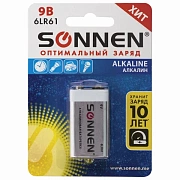 Батарейка SONNEN Alkaline, Крона (6LR61, 6LF22, 1604A), алкалиновая, 1 шт., блистер, 451092