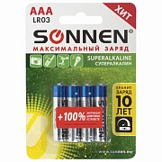 Батарейки КОМПЛЕКТ 4 шт., SONNEN Super Alkaline, AAA (LR03, 24А), алкалиновые, мизинчиковые, в блист