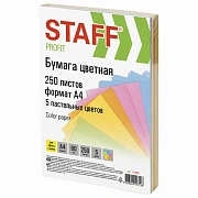 Бумага цветная STAFF 'Profit', А4, 80 г/м2, 250 л. (5 цв. х 50 л.), пастель, для офиса и дома, 11089