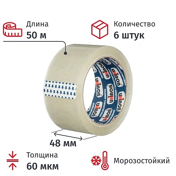 Клейкая лента одностор. упаковоч. 48 мм х 50 м UNIBOB 60 мкм прозр., 6шт/уп