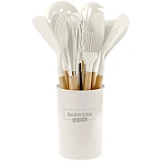 Набор силиконовых кухонных принадлежностей с деревянными ручками 12 в 1, молочный, DASWERK (ДАСВЕРК)