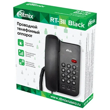 Телефон RITMIX RT-311 black, световая индикация звонка, тональный / импульсный режим, повтор, черный, 80002231