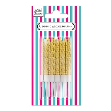 Свечи прямые Fiolento с держателем золото-металлик, 10шт