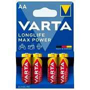 Батарейки алкалиновые 'пальчиковые' КОМПЛЕКТ 4 шт., VARTA LONGLIFE MAX POWER, АА (LR6, 24А), блистер