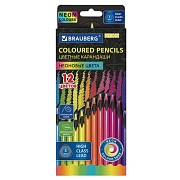 Карандаши цветные BRAUBERG NEON, 12 неоновых цветов, трехгранные, грифель 3 мм, черное дерево, 181852