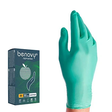 Перчатки нитриловые Benovy Nitrile MultiColor р.M, зеленые, 50 пар