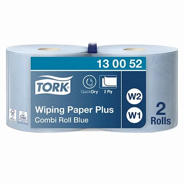Протирочная бумага Tork Plus W1/W2, 130052, в рулоне, 255м, 2 слоя, голубая