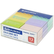 Ластики BRAUBERG 'Pastel Soft' НАБОР 12 шт., размер ластика 31х20х10 мм, экологичный ПВХ, 229598