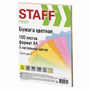 Бумага цветная STAFF 'Profit', А4, 80 г/м2, 100 л. (5 цв. х 20 л.), пастель, для офиса и дома, 11088