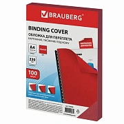 Обложки картонные для переплета, А4, КОМПЛЕКТ 100 шт., тиснение под кожу, 230 г/м2, красные, BRAUBER