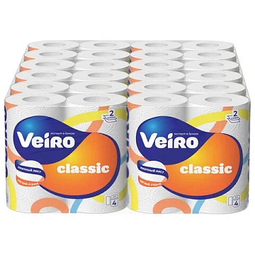 Бумага туалетная бытовая, спайка 4 шт., 2-слойная (4х15 м), VEIRO Classic (Вейро), белая, 5с24