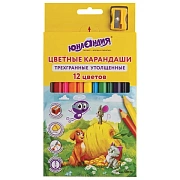 Карандаши цветные утолщенные ЮНЛАНДИЯ 'СКАЗОЧНЫЙ МИР', 12 цветов + ТОЧИЛКА, трехгранные, грифель 5 мм, натуральное дерево, 181370