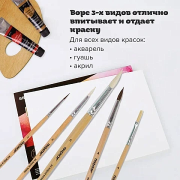 Кисти ПИФАГОР, набор 5 шт. (ПОНИ: круглые № 1, 4; КОЗА: круглые № 3, 6; ЩЕТИНА: плоская № 4), пакет
