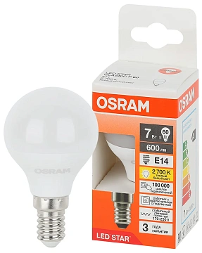 Лампа светодиодная Osram E14 7Вт теплый свет шар