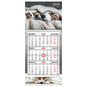 Календарь квартальный 2026 г., 1 блок, 1 гребень, бегунок, МИНИ, офсет, BRAUBERG, 'Милые щенки', 116