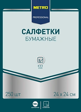 Салфетки бумажные Metro Professional 24x24см, 250шт, 2 слоя, синие