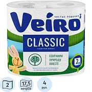 Бумага туалетная бытовая, спайка 4 шт., 2-слойная (4х15 м), VEIRO Classic (Вейро), белая, 5с24