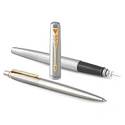 Набор PARKER 'Jotter Stainless Steel GT': шариковая ручка синяя и перьевая ручка, 2093257