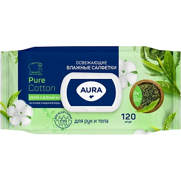 Салфетки влажные 120 шт., AURA освежающие, с пластиковым клапаном, 12827