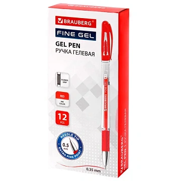 Ручка гелевая с грипом BRAUBERG 'Fine Gel', КРАСНАЯ, игольчатый узел 0,5 мм, линия письма 0,35 мм, 141181
