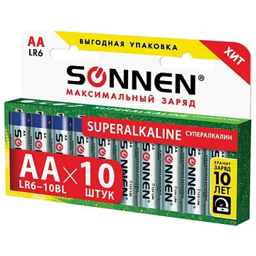 Батарейки КОМПЛЕКТ 10 шт., SONNEN Super Alkaline, АА (LR6,15А), алкалиновые, пальчиковые, в коробке,