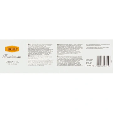 Чай TEATONE 'Green tea' зеленый классический, 100 стиков по 1,8 г, 1241