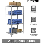 Стеллаж металлический BRABIX 'MS KD-180/60-4', 1800х1000х600 мм), 4 полки, компактная упаковка, 291117, S240BR146402