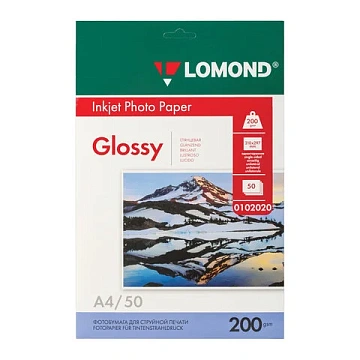 Фотобумага глянцевая, А4, 200 г/м2, односторонняя, 50 листов, LOMOND, 0102020
