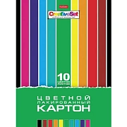 Картон цветной А4 ЛАКИРОВАННЫЙ, 10 листов, 10 цветов, в папке, HATBER, 205х295 мм, Creative Set, 10К