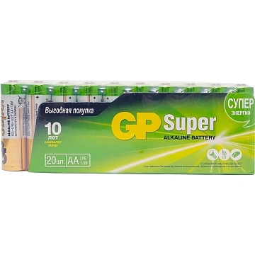 Батарейки КОМПЛЕКТ 20 шт., GP Super G-Tech, AA (LR6,15А), алкалиновые, пальчиковые, 15A-2CRVS20, GP 15A-2CRVS20