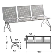 Кресло для посетителей трехсекционное 'Стилл', 780х1550х600 мм, серебристое, СМ86/2-03