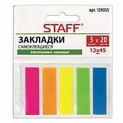 Закладки клейкие неоновые STAFF, 45х12 мм, 100 штук (5 цветов х 20 листов), на пластиковом основании