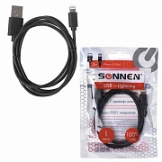 Кабель USB 2.0-Lightning, 1 м, SONNEN, медь, для передачи данных и зарядки, 513116