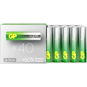 Батарейки КОМПЛЕКТ 40 шт., GP Super G-Tech AAA (LR03, 24А) алкалиновые, мизинчиковые, 24AA21-2CRSWC40