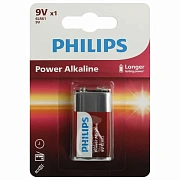 Батарейка алкалиновая 1 шт. PHILIPS Power Alkaline, Крона 9V (6LR61, 6LF22, 1604A), блистер, Б006271