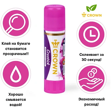 Клей-карандаш Crown 'Indicator', 08г, с цветным индикатором, ПВП