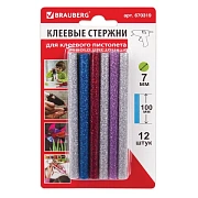 Клеевые стержни, диаметр 7 мм, длина 100 мм, цветные (ассорти), С БЛЕСТКАМИ, КОМПЛЕКТ 12 шт., 6 цвет