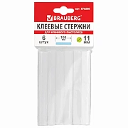 Клеевые стержни, диаметр 11 мм, длина 100 мм, белые, комплект 6 штук, BRAUBERG, европодвес, 670298